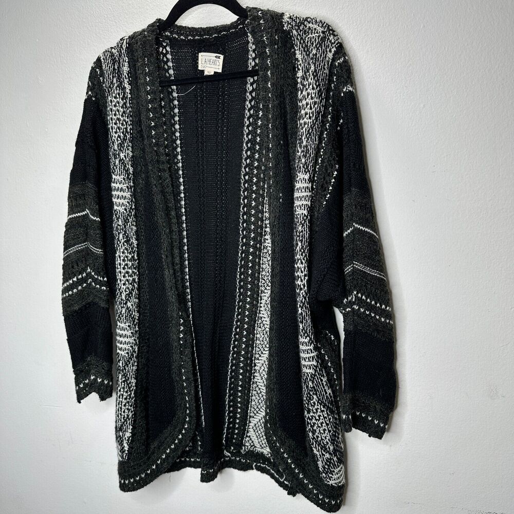 LA Hearts Black Gray and Cream Striped Knit Long Line Open Cardigan Sweater OS - Picture 3 of 14
